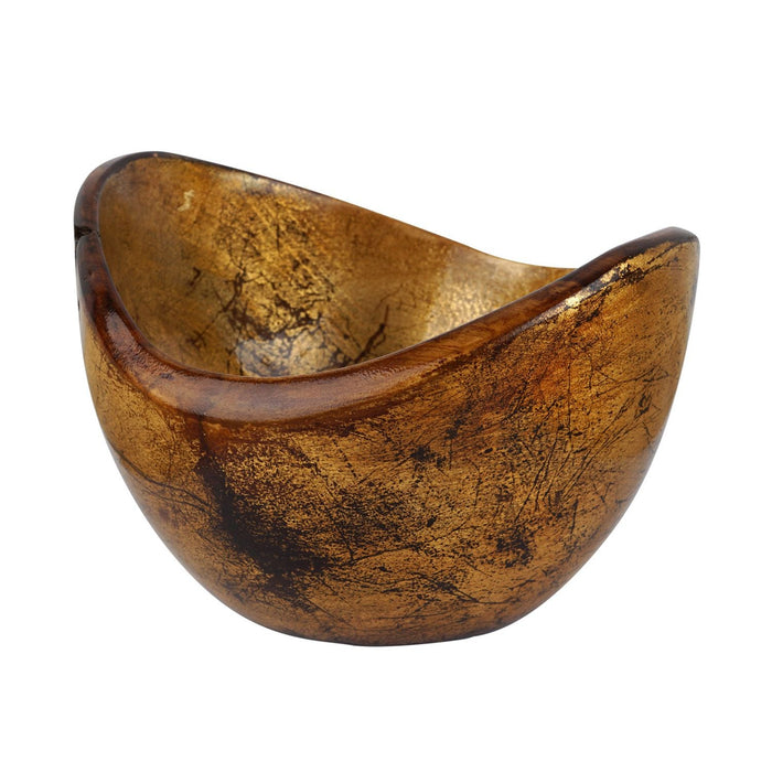 Front view of Rico & Plato adagio teak bowl with distressed copper leaf exterior displayed on a white background