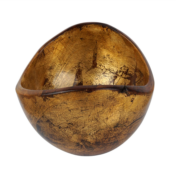 Side view of Rico & Plato adagio teak bowl with distressed copper leaf exterior displayed on a white background