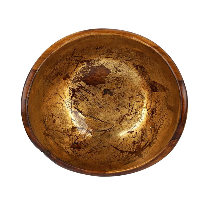 Top view of Rico & Plato adagio teak bowl with distressed copper leaf exterior displayed on a white background