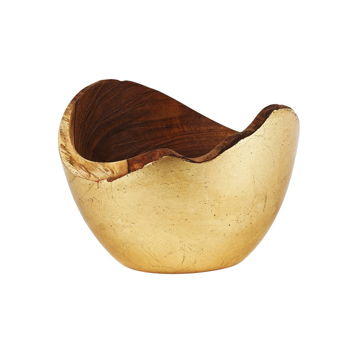 Rico & Plato adagio teak bowl with gold leaf exterior displayed on a white background