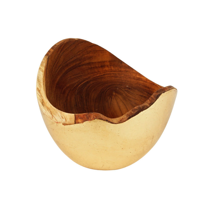 Side view of Rico & Plato adagio teak bowl with gold leaf exterior displayed on a white background