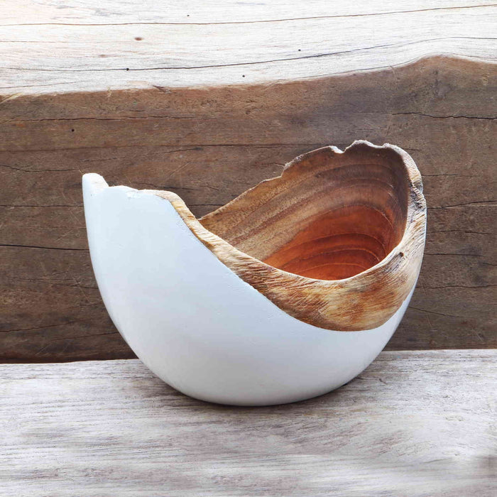 Rico & Plato adagio teak bowl with white exterior on a wooden surface and background