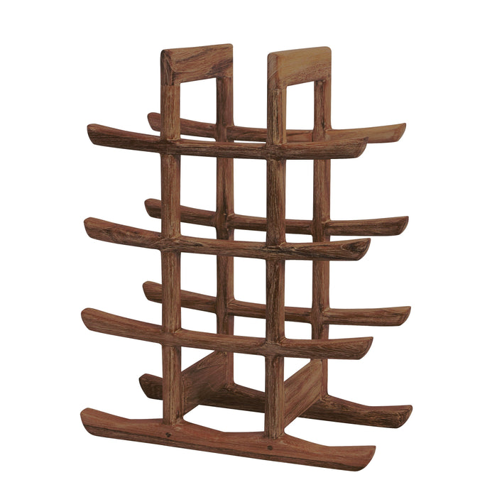 Front view of brown teak oriental bottle holder displayed on a white background