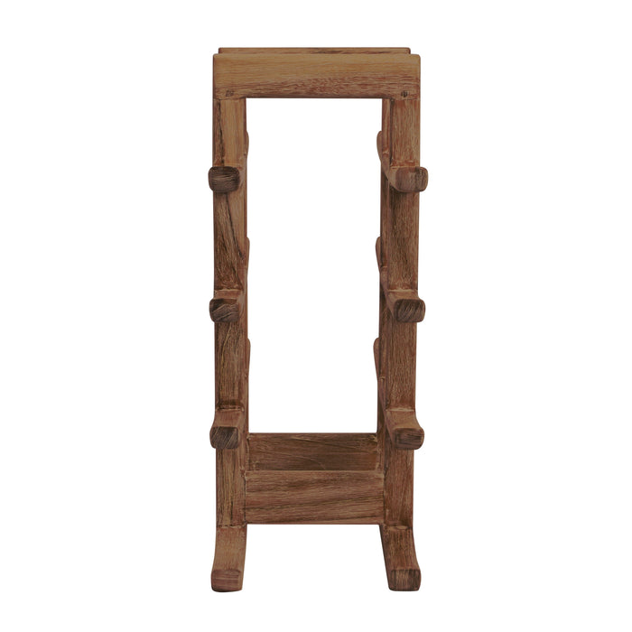Side view of brown teak oriental bottle holder displayed on a white background