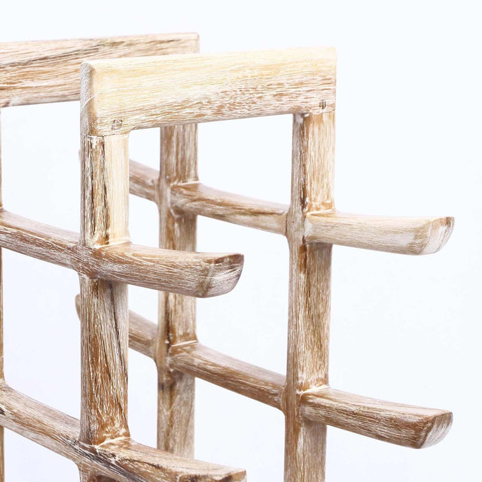 Close-up of the Rico & Plato Akio Whitewash Teak Oriental Bottle Holder and Wine Rack, showcasing the teak wood construction and the whitewash finish.