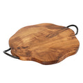 Pizza board in a natural teak with metal handles displayed on a white background