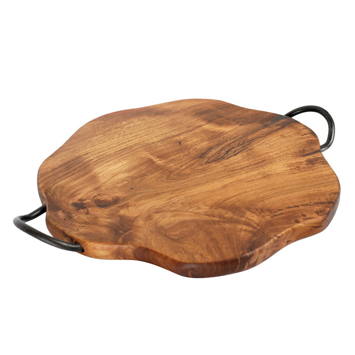 Pizza board in a natural teak with metal handles displayed on a white background