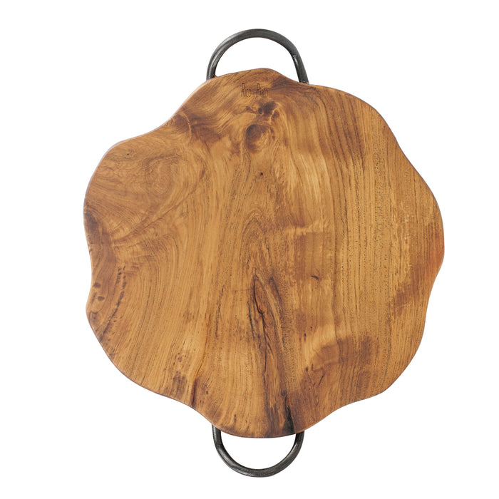Top view of pizza board in natural teak with metal handles displayed on a white background