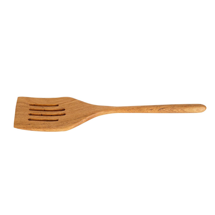 Horizontal view of a teak spatula with drainage slots on a white background