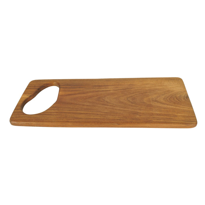 Teak cutting board with hole for handle displayed on a white background