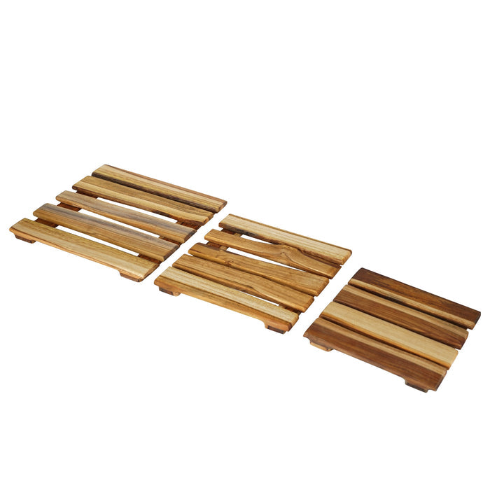 Set of 3 teak trivet displayed on a white background