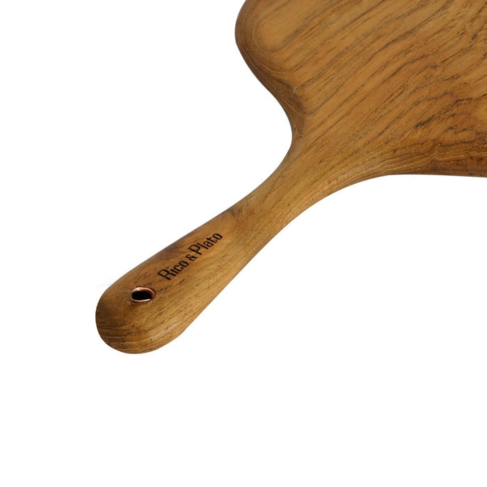 Close up of handle with Rico & Plato logo of Rico & Plato bayberry teak cutting board serving platter displayed on a white background