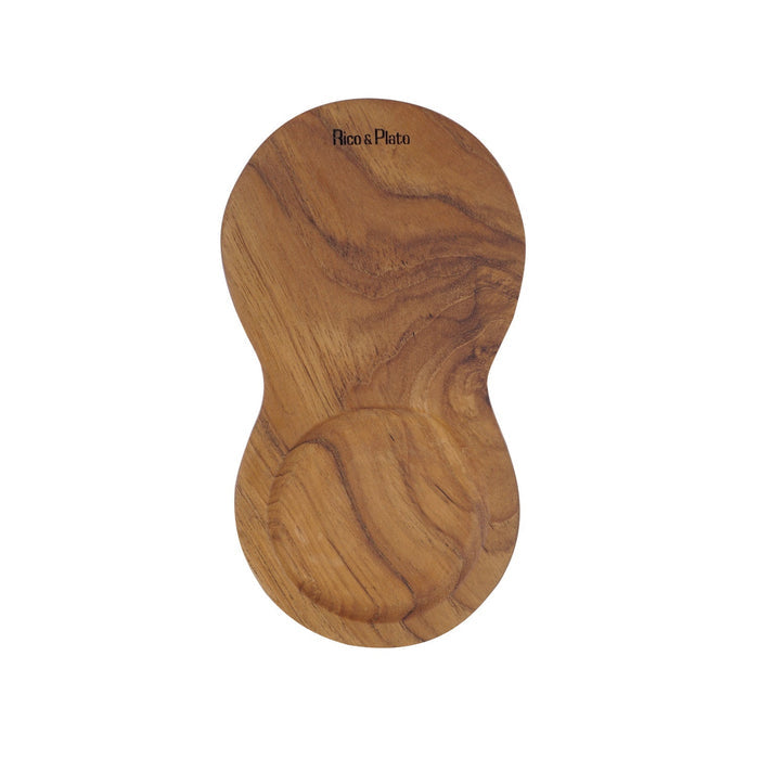 Top view of teak coffee tray shaped as a bean displayed on a white background