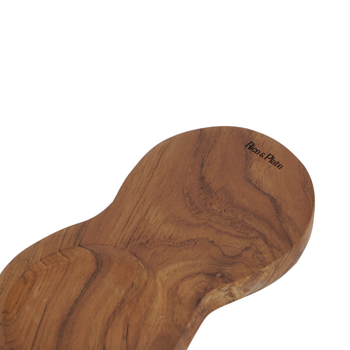 Close up of the Rico & Plato logo on a teak coffee tray shaped as a bean displayed on a white background