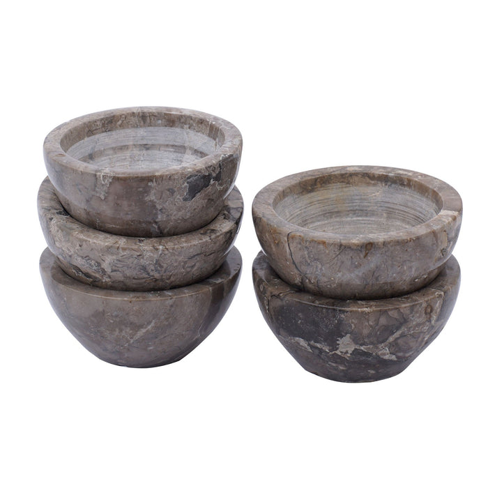 Set of 5 sambal bowls stacked on each other displayed on a white background