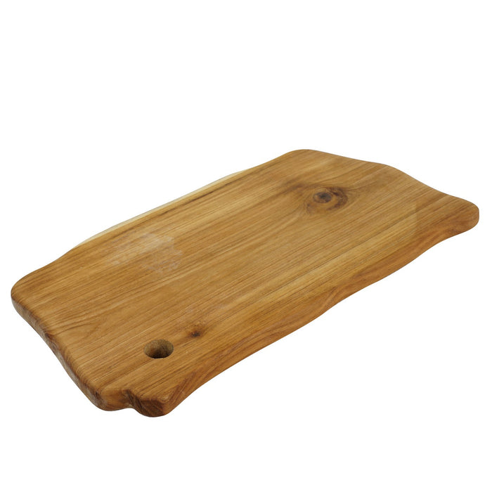 Small teak cutting board with hole handle displayed on a white background