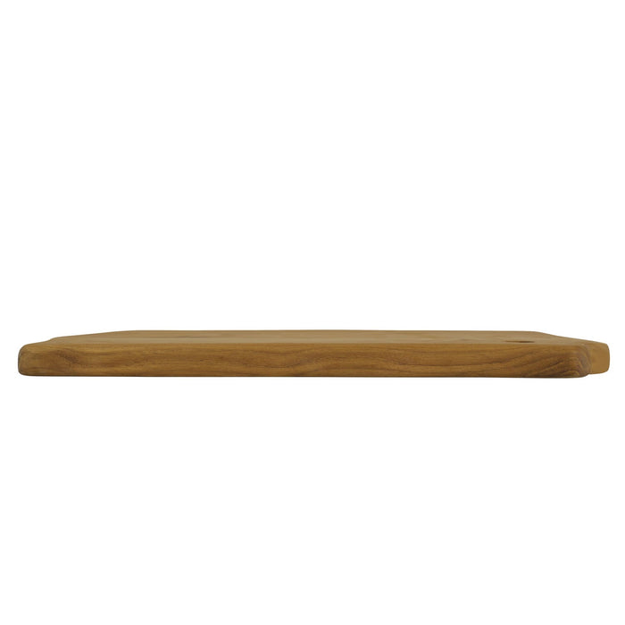 Side view of teak cutting board on a white background