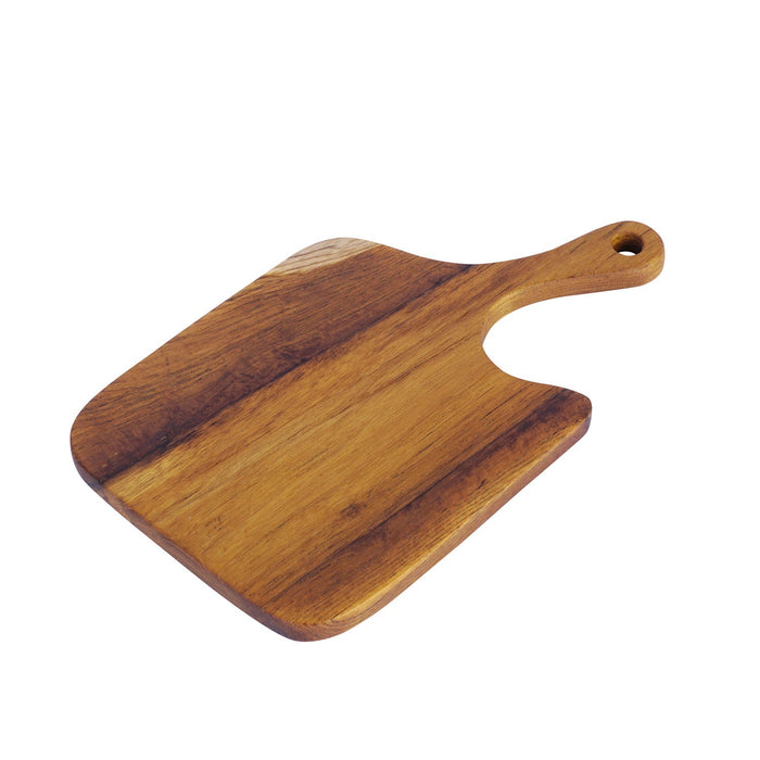Wooden cutting board with handle on a white background