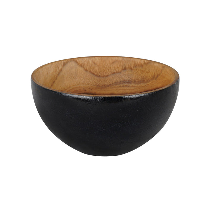 Side view of Rico & Plato chico teak bowl with black exterior displayed on a white background