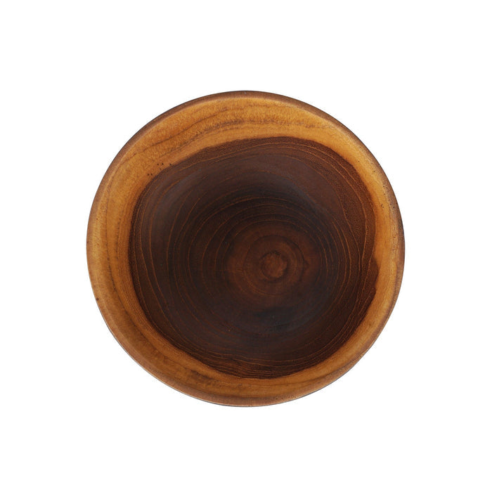 Top view of Rico & Plato chico teak bowl displayed on a white background