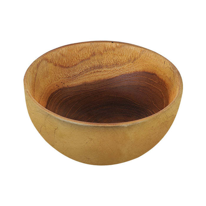 View of teak bowl with gold leaf exterior displayed on a white background