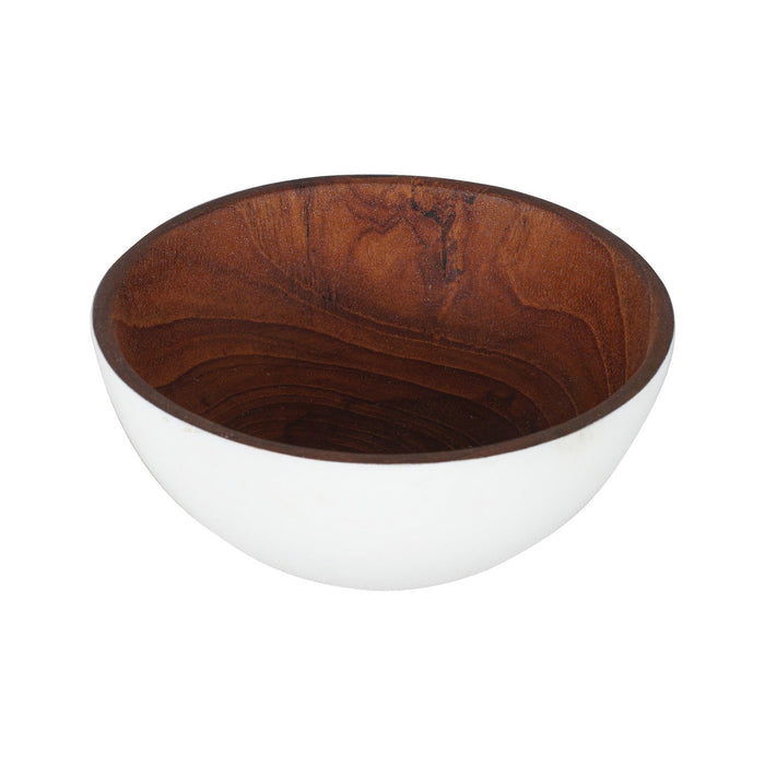 Rico & Plato chico teak bowl with white exterior displayed on a white background