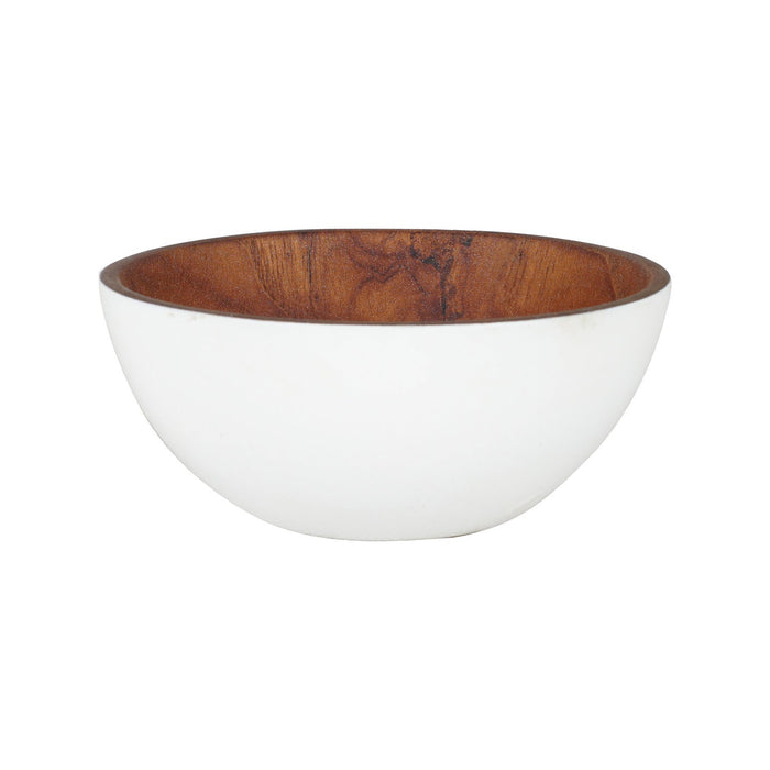 Side view of Rico & Plato chico teak bowl with white exterior displayed on a white background
