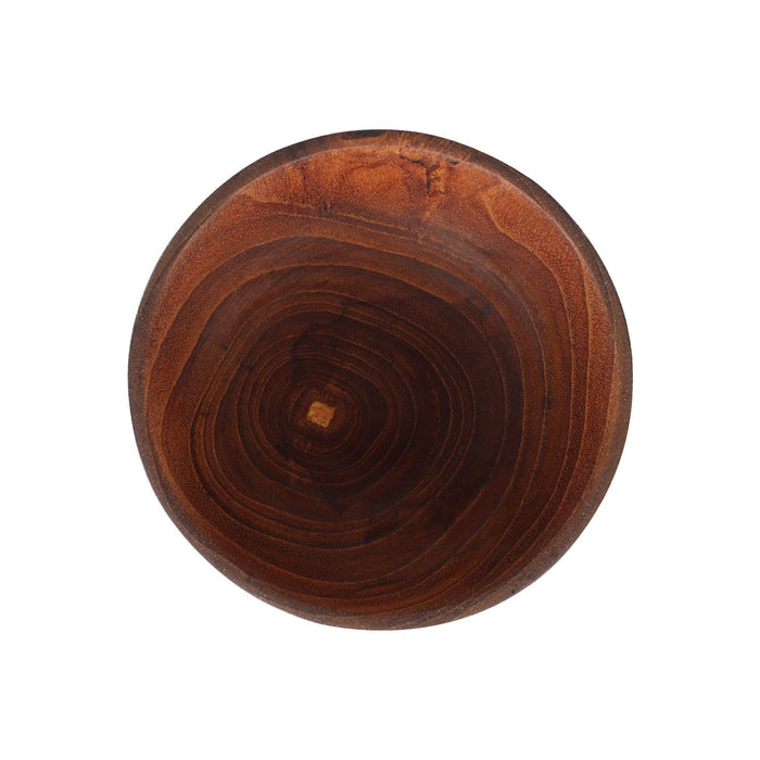 Top view of Rico & Plato chico teak bowl displayed on a white background