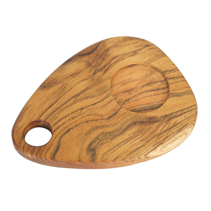 Teak coffee cup server shaped like a guitar pick displayed on a white background