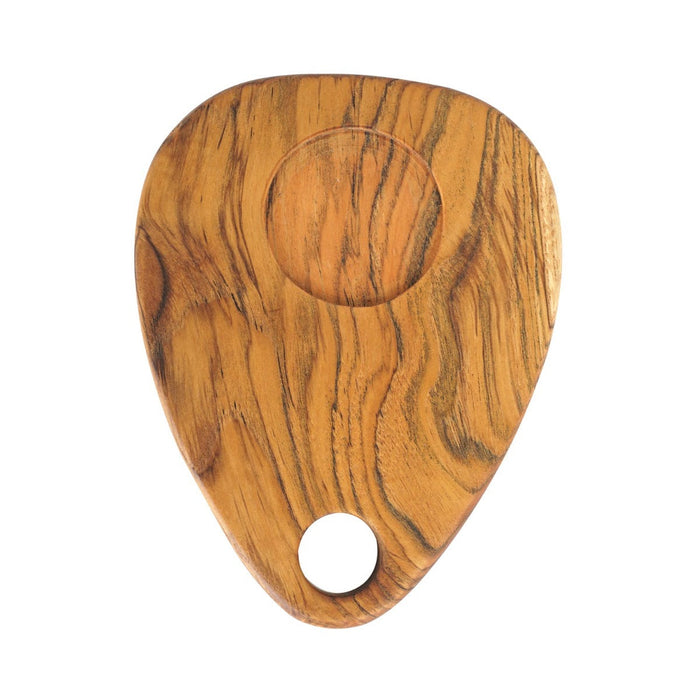 Top view of teak coffee cup server shaped like a guitar pick displayed on a white background