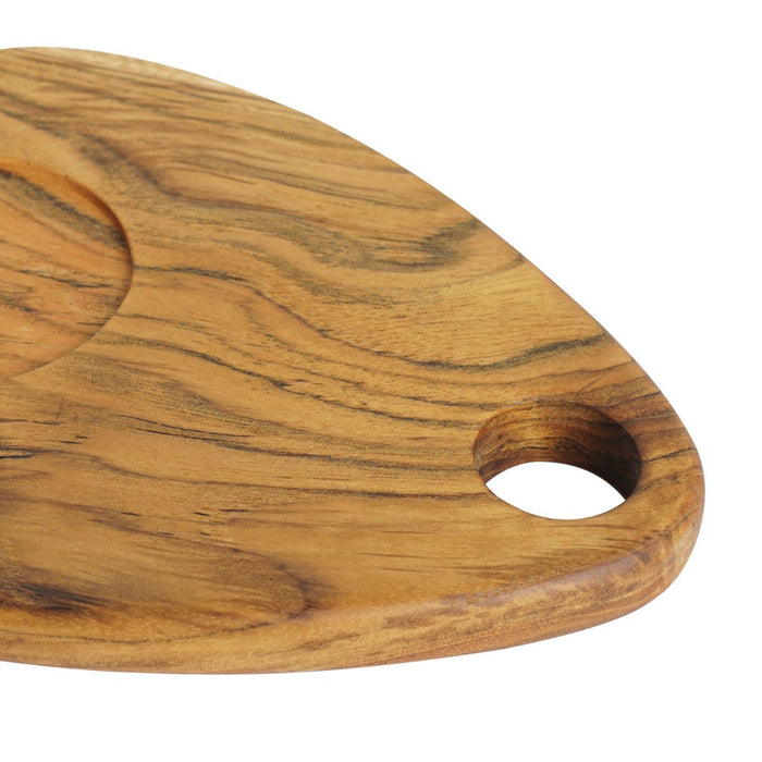 Close up of hole handle of the teak coffee cup server displayed on a white background