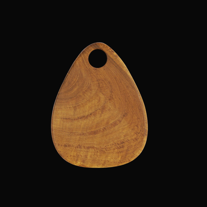 Front view of teardrop styled teak cutting board displayed vertically on a black background