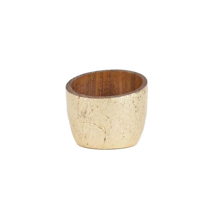 Teak egg cup with gold leaf exterior displayed on a white background