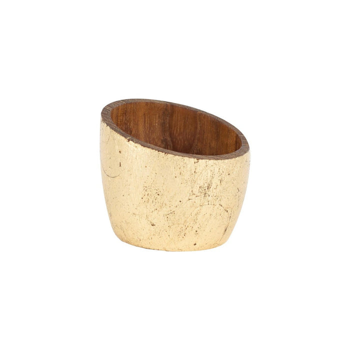 Teak egg cup with gold leaf exterior displayed on a white background