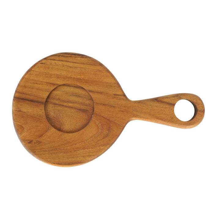 Top view of teak coffee cup server with a handle displayed on a white background