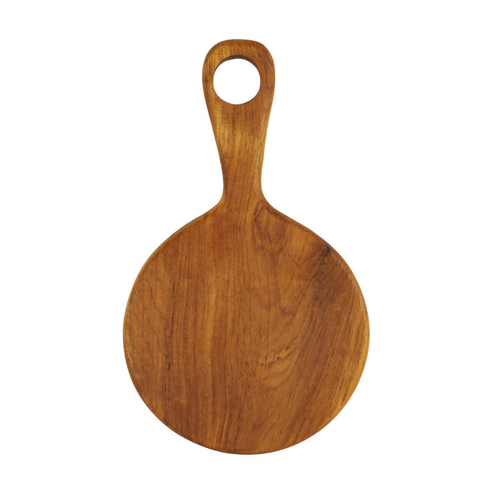 Front view of circular teak cutting board with handle displayed vertically on a white background