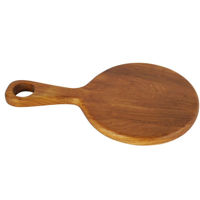 Side view of circular teak cutting board with handle displayed on a white background