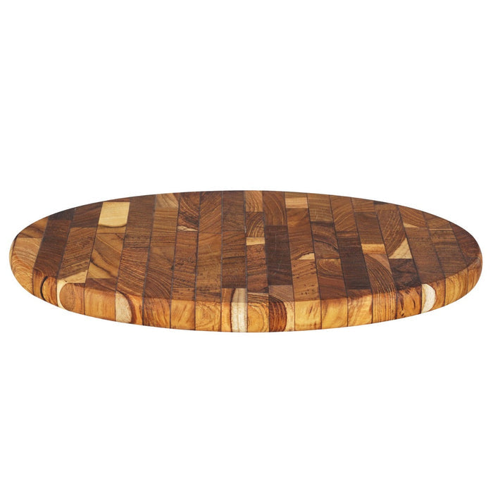 Side view of oval end grain teak cutting board displayed on a white background