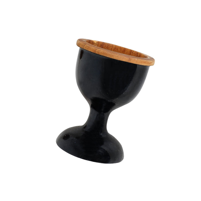Teak egg cup with black exterior displayed on a white background