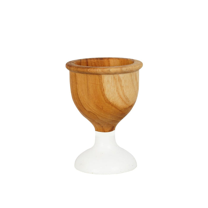 Front view of teak egg cups with white foot displayed on a white background