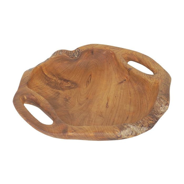 Rico & Plato dora teak serving bowl with integral handles displayed on a white background