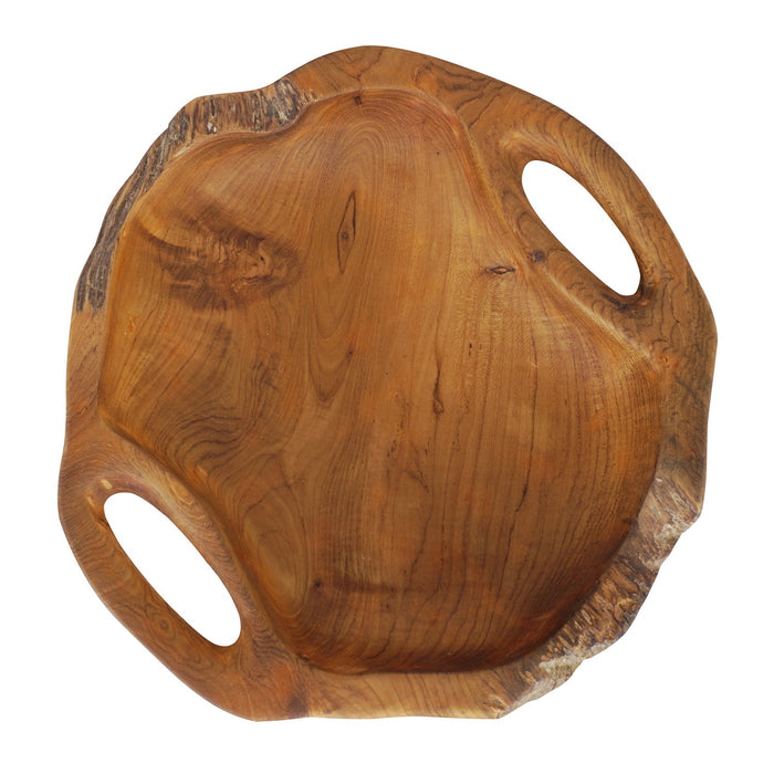 Top view of Rico & Plato dora teak serving bowl with integral handles displayed on a white background