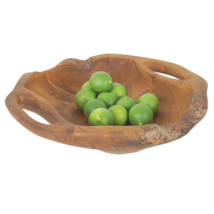 Rico & Plato dora teak serving bowl with integral handles with limes inside the bowl displayed on a white background