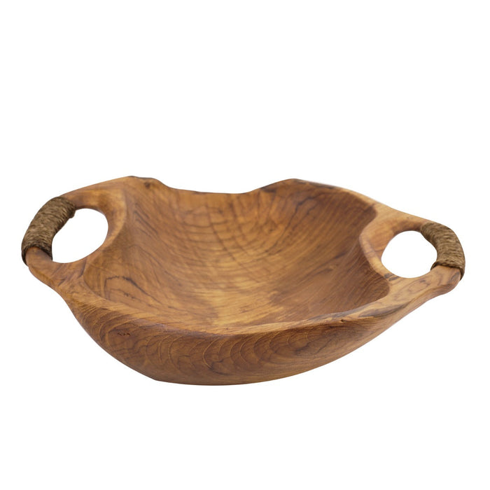 Rico & Plato dora teak serving bowl with rope handles displayed on a white background