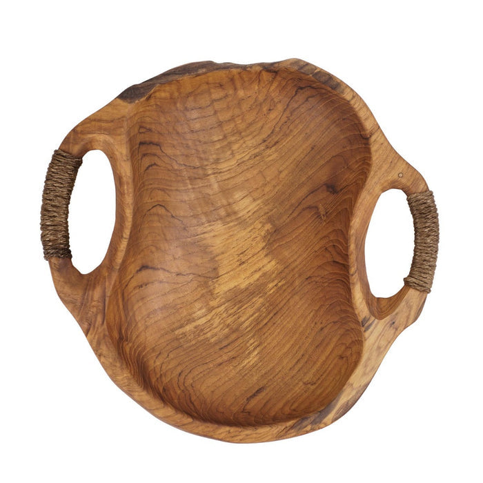 Top view of Rico & Plato dora teak serving bowl with rope handles displayed on a white background