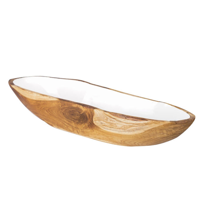 Large teak bowl with white interior displayed on a white background