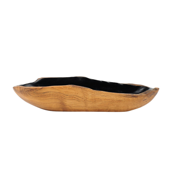 Front view of medium teak bowl with black interior displayed on a white background