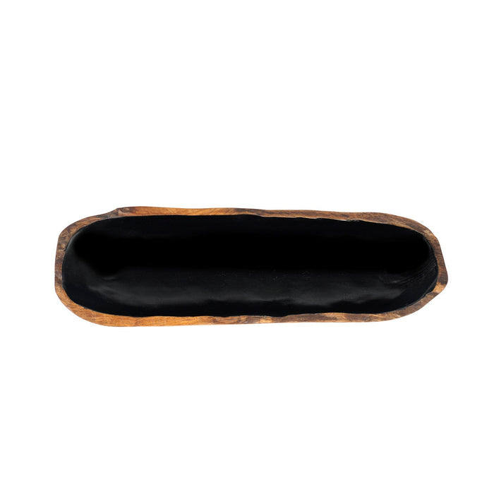 Top view of medium teak bowl with black interior displayed on a white background