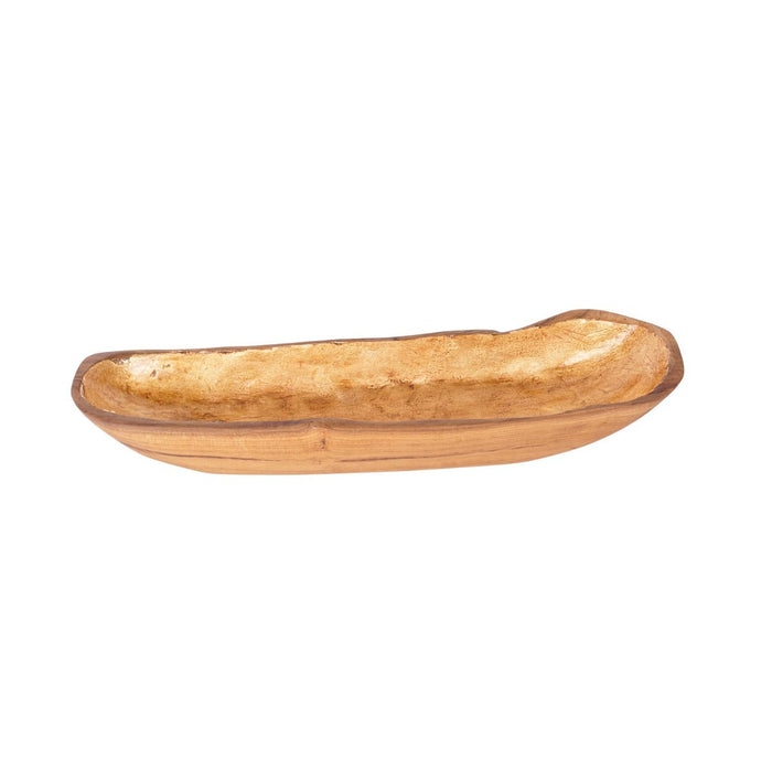 Side view of medium teak bowl with gold leaf interior displayed on a white background
