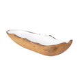 Rico & Plato dorito medium teak bowl with white interior displayed on a white background